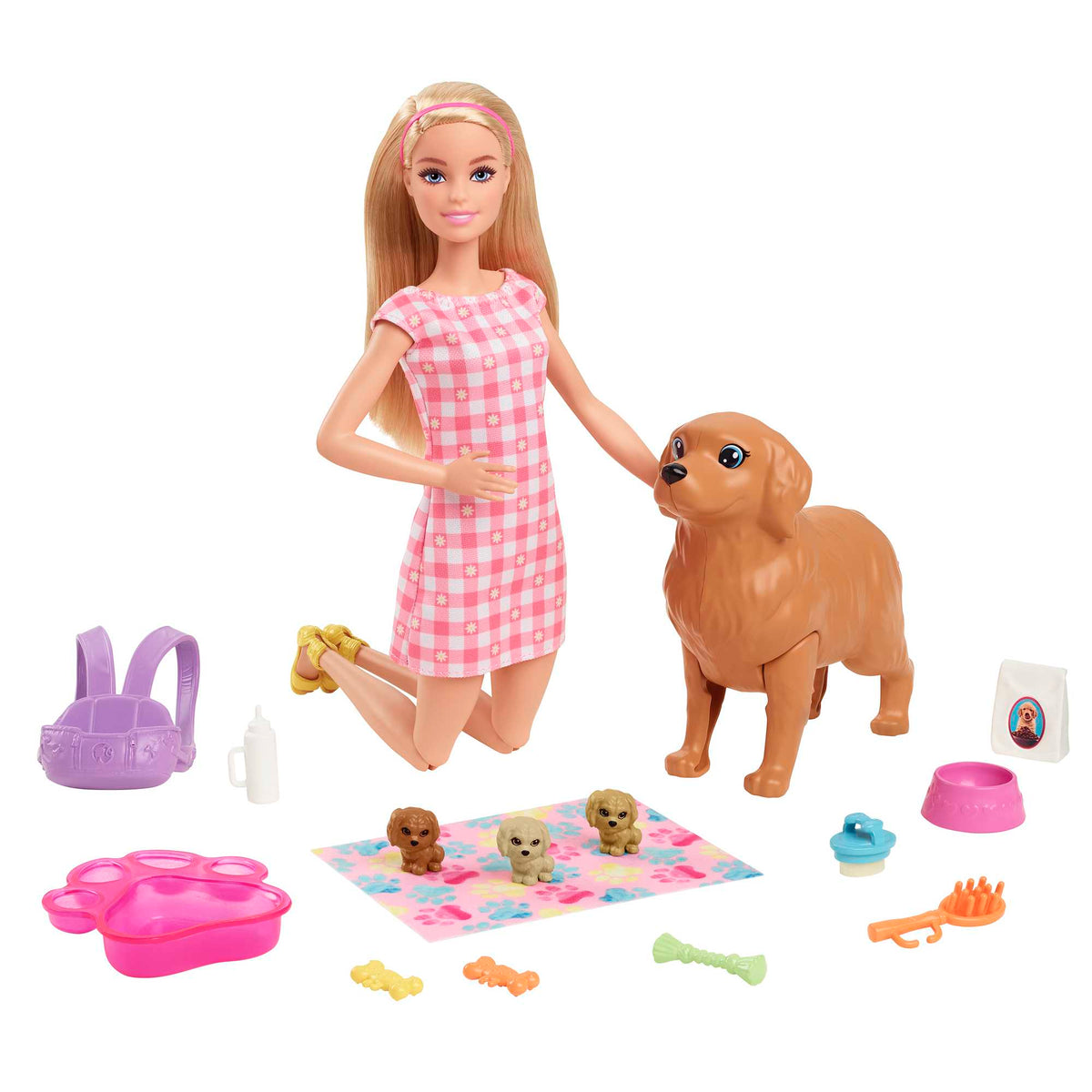 Barbie Conjunto de Brinquedo Cachorrinhos Recém-Nascidos Vestido Xadrez