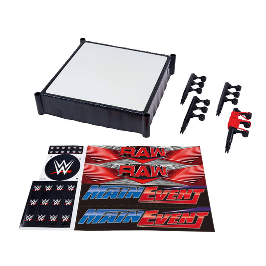 WWE Superstar Ring With Labels For Main EVent & Raw, Spring-Loaded With Elastic Ring Ropes